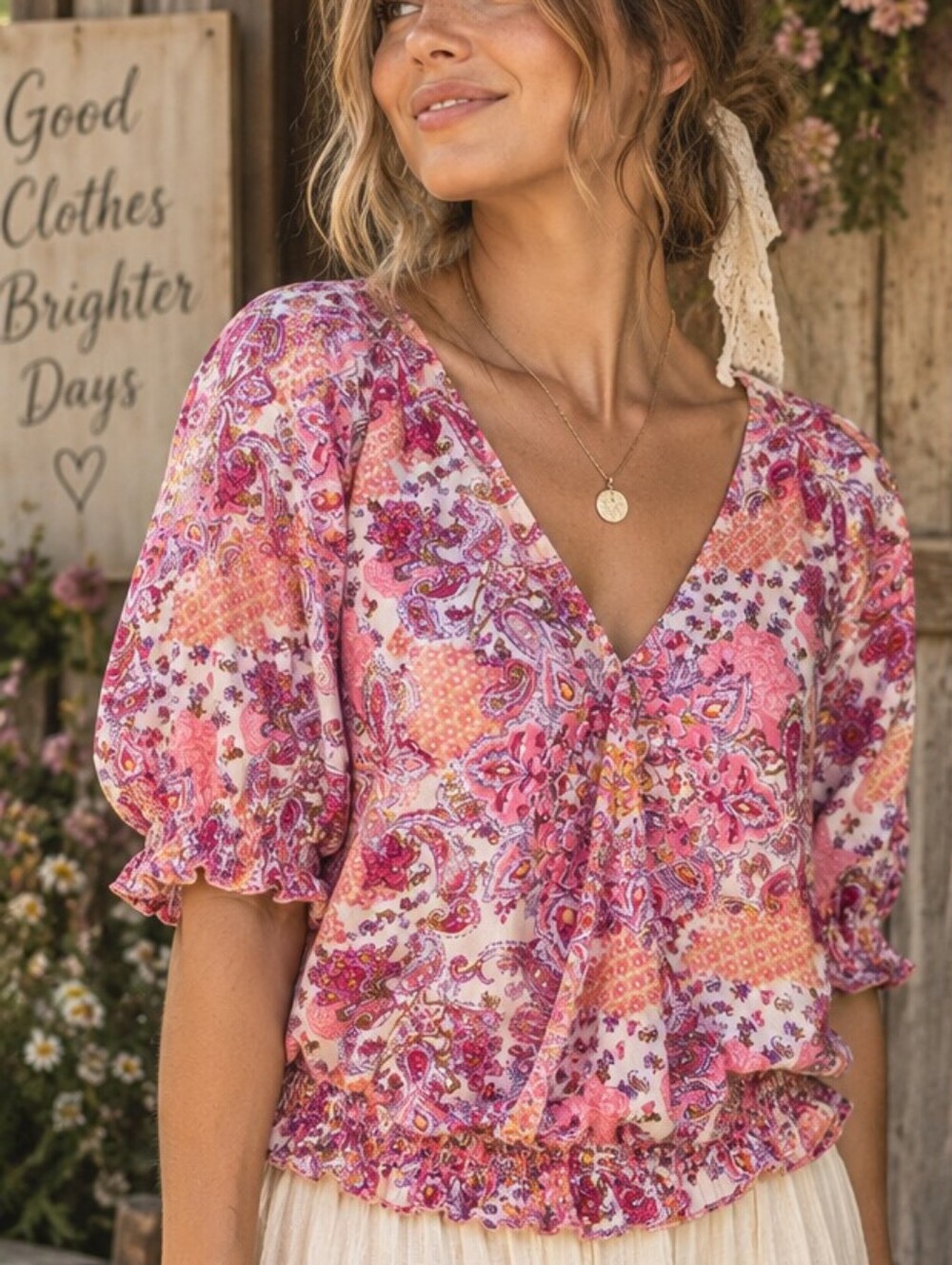 Melloday Pink Paisley Boho Peasant Blouse Size M Ruffle Hem Cottagecore